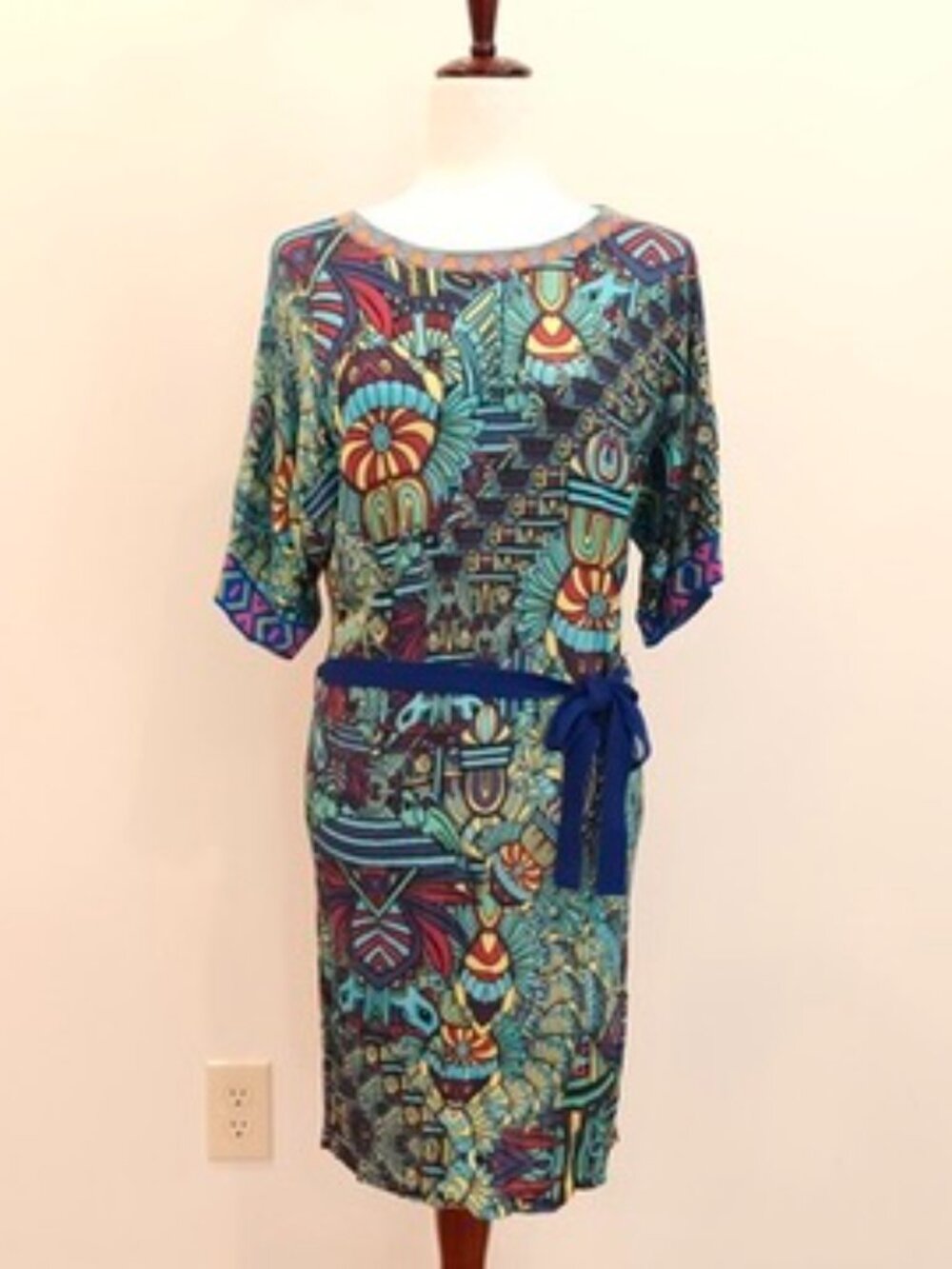 Custo Barcelona Dress Womens Small Green Blue Aztec Geometric Colorful Artsy